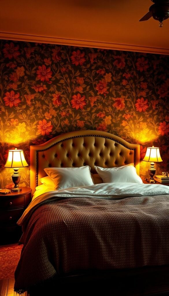 A cozy and nostalgic vintage bedroom, bathed in warm, soft lighting. The walls are adorned with a bold, retro-inspired floral wallpaper, featuring a lush pattern of intertwining vines, blooming flowers, and a rich color palette of deep reds, oranges, and ochres. The wallpaper has a slightly distressed, time-worn appearance, adding to the room's charming, antique ambiance. A plush, tufted velvet headboard frames the bed, which is layered with plush, textured bedding and accented with vintage-style lamps and nightstands. The overall scene evokes a sense of timeless elegance and a step back in time, perfect for capturing the essence of a retro-vintage bedroom aesthetic.