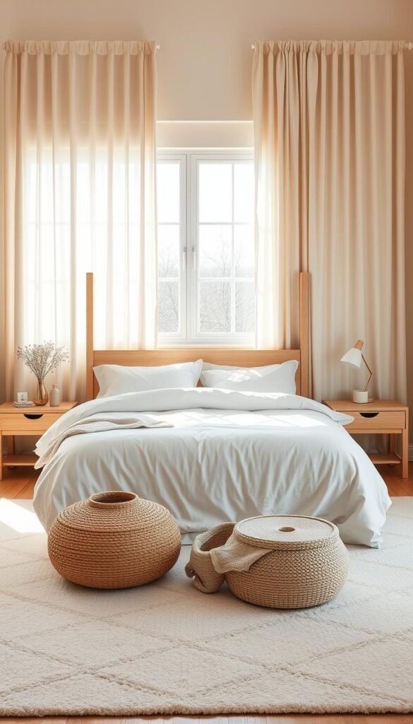 A cozy and serene Scandinavian-inspired bedroom, bathed in warm beige tones. A minimalist four-poster bed with crisp white bedding takes center stage, flanked by sleek Scandi-style nightstands in a light wood finish. Soft beige linen curtains frame a large window, allowing natural light to pour in and cast a gentle glow throughout the space. Plush area rug in an understated geometric pattern grounds the scene. Subtle pops of texture come from a knit throw blanket and woven baskets. The overall aesthetic is one of calm, comforting simplicity - a tranquil haven where one can unwind and recharge.