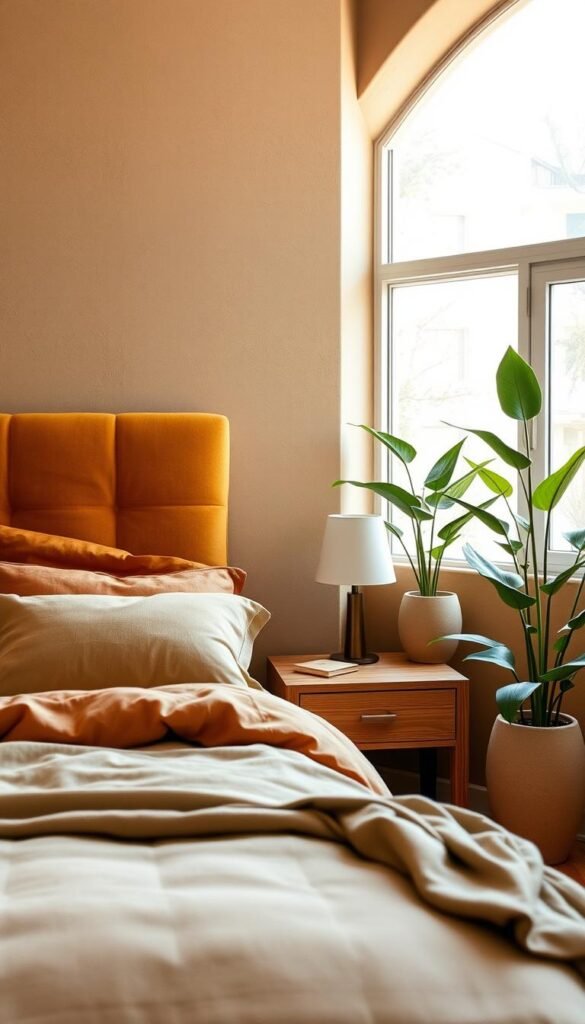 A cozy and serene bedroom with a harmonious earth-toned color palette. The foreground features a plush, oversized headboard in a rich, warm ochre hue, complemented by soft, textured bedding in natural tones of terracotta, wheat, and sage. The middle ground showcases a pair of natural wood nightstands with minimalist lamps, casting a gentle glow. In the background, a large window allows natural light to filter in, illuminating the space and revealing earthy-toned walls in a soothing shade of khaki. Lush, leafy plants in ceramic pots add pops of verdant green, enhancing the serene, nature-inspired ambiance. The overall mood is one of calm tranquility, inviting the viewer to sink into a peaceful, restorative slumber.