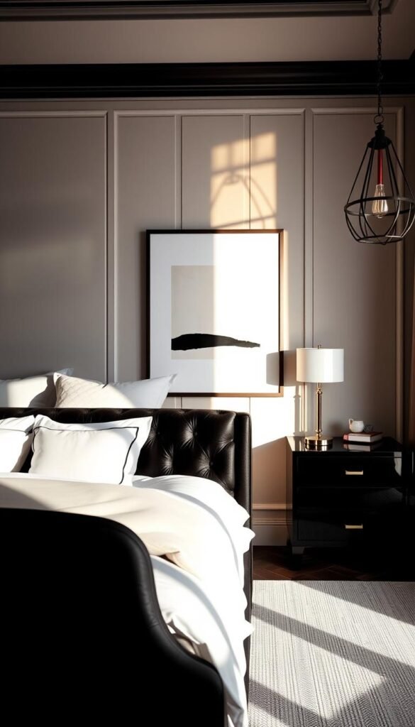 A cozy and sophisticated black and white bedroom with warm, soft lighting. In the foreground, a plush, tufted headboard in deep ebony anchors the space, topped with crisp white linens and decorative pillows. In the middle ground, a pair of sleek nightstands in glossy black lacquer flank a minimalist artwork, casting dramatic shadows. The background features a wall paneled in crisp, monochrome stripes, creating a timeless, elegant ambiance. Subtle metallic accents, such as a gleaming table lamp and a wrought-iron pendant, add depth and texture. The overall atmosphere is one of refined, understated luxury, perfectly capturing the essence of the "Timeless and Sophisticated: The Classic Black and White Combo" theme.
