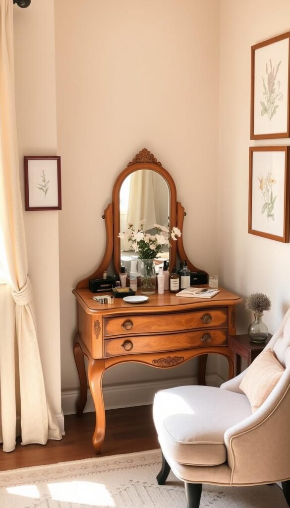 A cozy and well-organized corner vanity setup, bathed in warm natural lighting streaming through a nearby window. A vintage-inspired wooden vanity with delicate floral engravings takes center stage, topped with a decorative mirror and brass hardware. On the surface, an assortment of makeup, skincare products, and a delicate vase of fresh flowers create a harmonious display. The corner is accented with a plush armchair and a small side table, perfect for sitting and getting ready. The walls are adorned with framed botanical prints, adding to the relaxing and feminine atmosphere. The overall scene conveys a sense of tranquility and thoughtful curation, making the most of an otherwise underutilized nook.