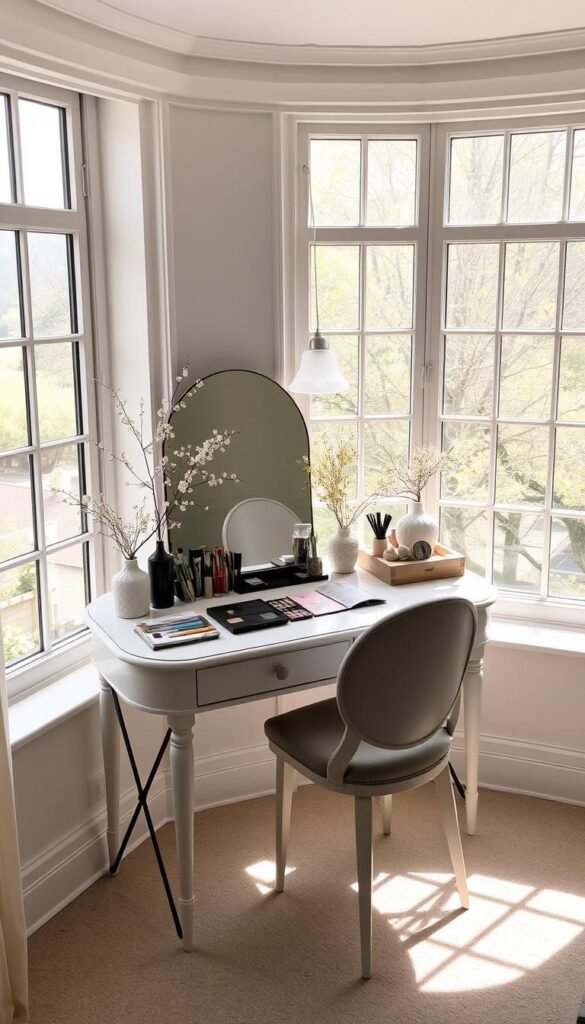 A cozy and well-organized window vanity setup, illuminated by natural light filtering through a large bay window. The vanity table is meticulously arranged with a selection of makeup products, brushes, and accessories neatly displayed. Delicate botanical accents, such as a potted plant or a small vase of fresh flowers, add a touch of softness and warmth to the space. The setup is positioned strategically to take advantage of the natural lighting, with the window providing a serene backdrop. The overall atmosphere is one of effortless elegance and functionality, creating an inviting and inspirational dressing area.
