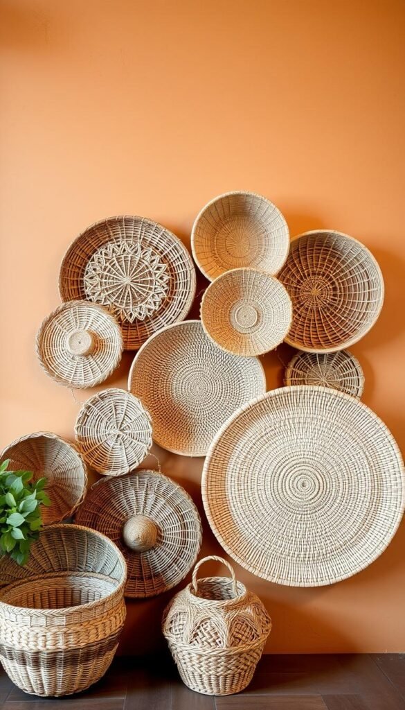 A cozy arrangement of handwoven natural fiber baskets in varying sizes, shapes, and tones, artfully clustered on a warm, textured wall. Soft, indirect lighting from above casts gentle shadows, accentuating the intricate patterns and organic shapes. The baskets, made from materials like rattan, jute, and seagrass, exude a sense of rustic elegance and tactile charm. This inviting display creates a focal point that infuses the space with depth, dimension, and a welcoming, earthy ambiance.