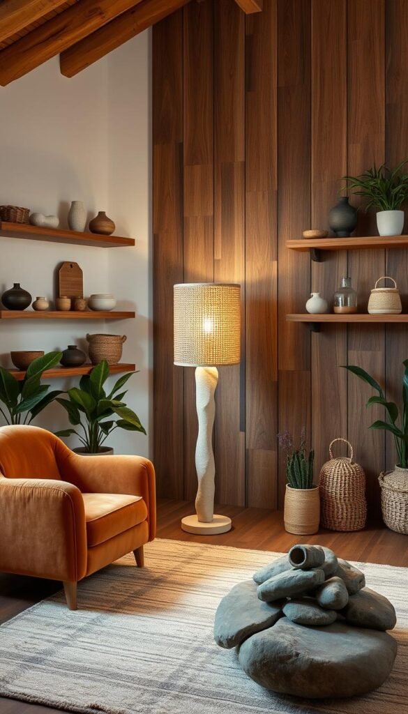A cozy bedroom adorned with organic shapes, natural textures, and earthy tones. In the foreground, a plush velvet armchair with curved armrests sits near a low, minimalist coffee table made of smooth river stones. The middle ground features a large, sculptural floor lamp with a woven rattan shade, casting a warm, ambient glow. Along the walls, floating wooden shelves display an assortment of ceramics, woven baskets, and potted plants with lush, undulating leaves. The background showcases a feature wall with a bold, asymmetrical pattern of reclaimed wood panels, creating a textural and visually captivating backdrop. The overall atmosphere is one of serene, natural elegance, inviting relaxation and a sense of harmony with the earth.