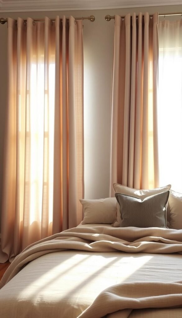 A cozy bedroom bathed in soft, natural light. In the foreground, a set of elegant, floor-to-ceiling curtains in a neutral, muted tone gently filter the sunlight, creating a serene, tranquil atmosphere. The curtains are made of high-quality, textured fabric that adds depth and visual interest to the space. In the middle ground, a plush, oversized throw blanket in a complementary neutral shade rests on the foot of the bed, inviting touch and comfort. Decorative throw pillows in various shades of beige and grey are artfully arranged, adding dimension and texture to the bedding. The background features a neutral-colored wall, allowing the window treatments and accessories to take center stage and create a harmonious, calming ambiance.
