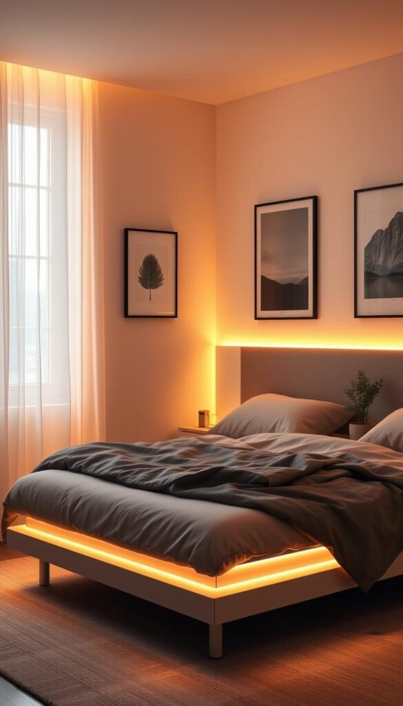 A cozy bedroom bathed in the warm glow of LED lighting, creating a serene and inviting atmosphere. The bedframe is a sleek, modern design, complemented by plush bedding in muted tones. Soft, diffused lighting emanates from concealed LED strips along the headboard, casting a gentle ambiance throughout the space. The walls are adorned with minimalist artwork, adding visual interest while maintaining a calming, uncluttered feel. A sheer curtain filters the natural light, casting a soft, diffused glow, and a small, potted plant on the nightstand brings a touch of nature into the room. The overall effect is a harmonious, visually pleasing space that invites relaxation and tranquility.