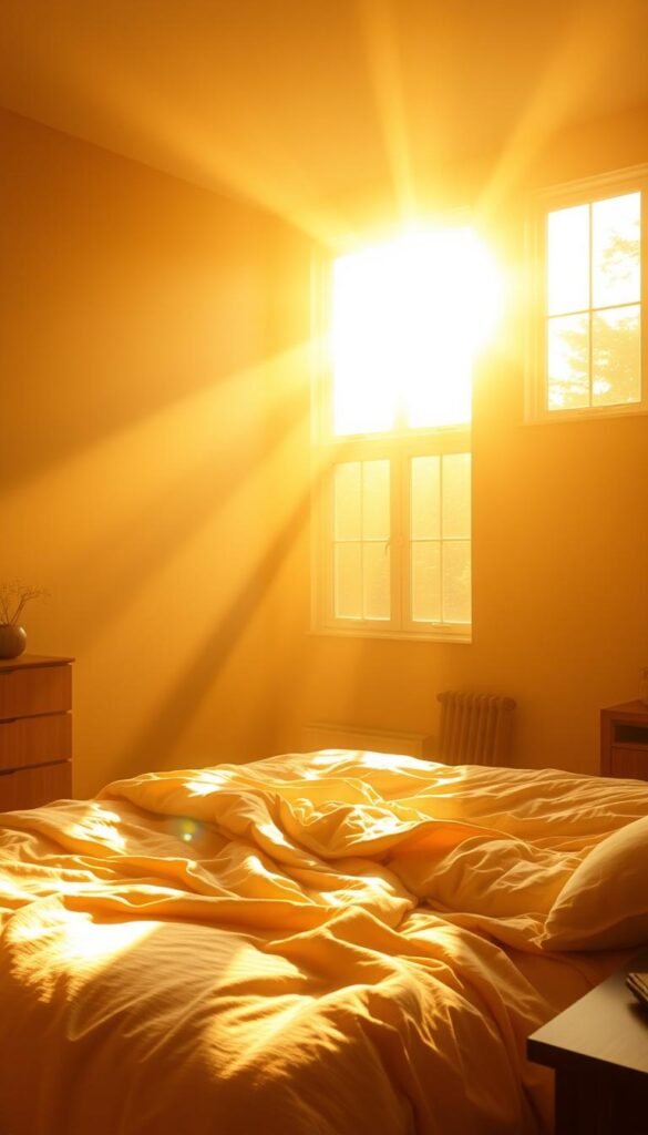 A cozy bedroom bathed in warm, natural light. The walls transform from muted beige to a vibrant golden glow, casting a soft, inviting ambiance. Sunlight streams in through large windows, creating a play of shadows and highlights across the plush bedding and wooden furnishings. The light gradually fades from the foreground to a softer, more diffused illumination in the background, creating a sense of depth and drama. The overall scene evokes a soothing, serene atmosphere, perfect for a relaxing haven.