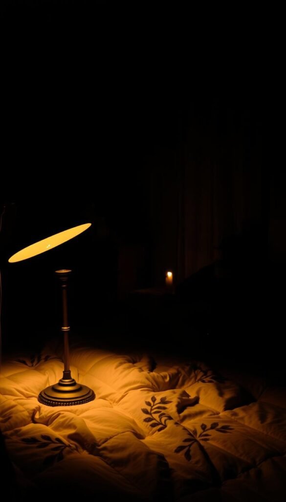 A cozy bedroom cloaked in dramatic shadows, dimly lit by strategically placed lamps and candles. Soft, warm light spills across the bedding, creating pockets of illumination that guide the eye through the scene. In the foreground, a vintage reading lamp casts a golden glow, its beam highlighting intricate textures. Ambient light filters in from the middle ground, where a single candle flickers on a nightstand, casting dancing shadows on the walls. The background remains shrouded in mystery, hinting at the depth and dimension of the space. The overall effect is one of intimacy, introspection, and a sense of retreat from the outside world.