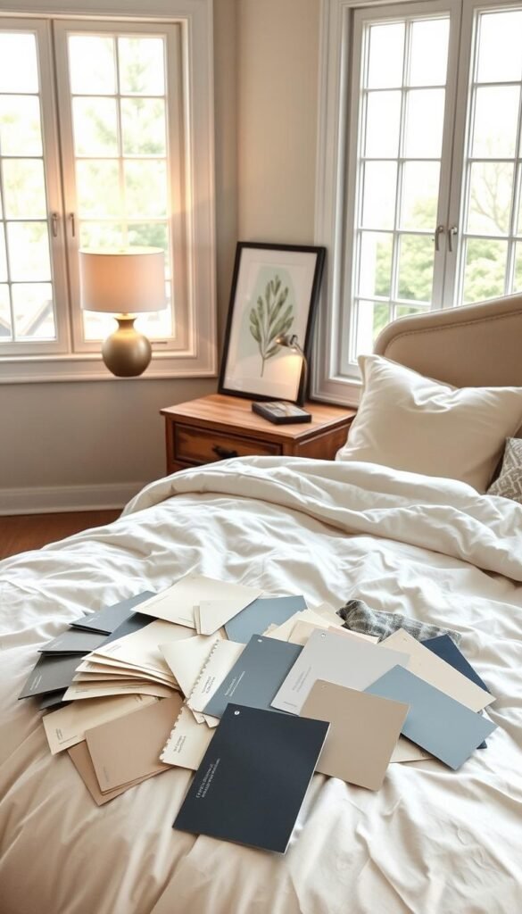 A cozy bedroom color palette selection, showcased in a warm, inviting setting. In the foreground, an array of paint swatches and fabric samples in soothing shades of beige, soft gray, and muted blue lie artfully arranged on a plush, off-white duvet. The middle ground features a rustic wooden nightstand, topped with a minimalist lamp casting a gentle glow, and a framed botanical print adding a touch of nature. In the background, a pair of large windows allow natural light to stream in, illuminating the room and creating a sense of serenity. The overall mood is one of tranquility and comfort, perfectly capturing the essence of a cozy bedroom aesthetic. A cozy bedroom color palette selection, showcased in a warm, inviting setting. In the foreground, an array of paint swatches and fabric samples in soothing shades of beige, soft gray, and muted blue lie artfully arranged on a plush, off-white duvet. The middle ground features a rustic wooden nightstand, topped with a minimalist lamp casting a gentle glow, and a framed botanical print adding a touch of nature. In the background, a pair of large windows allow natural light to stream in, illuminating the room and creating a sense of serenity. The overall mood is one of tranquility and comfort, perfectly capturing the essence of a cozy bedroom aesthetic.