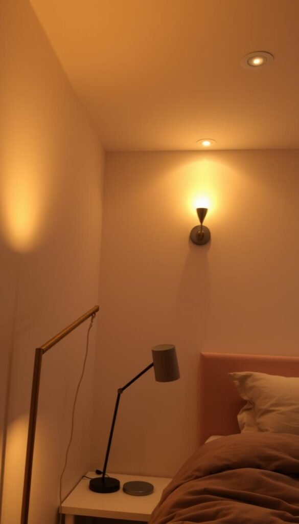 A cozy bedroom corner illuminated by a combination of task lighting, ambient lighting, and accent lighting. In the foreground, a sleek floor lamp casts a warm glow, complemented by a minimalist desk lamp. In the middle ground, a sconce mounted on the wall provides soft, diffused lighting. In the background, recessed ceiling lights create an inviting atmosphere. The overall lighting scheme enhances the functionality of this multi-purpose space, enabling activities such as reading, working, and relaxation.