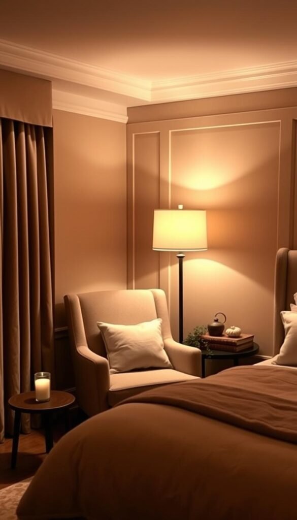 A cozy bedroom corner with warm, ambient lighting. In the foreground, a plush armchair nestled in a cozy nook, accented by a floor lamp casting a soft glow. In the middle ground, a low side table with a decorative candle, and a trailing plant adding natural texture. The background features a paneled accent wall, with recessed lighting that casts a gentle, enveloping illumination. The overall atmosphere is one of tranquility and relaxation, inviting the viewer to curl up and unwind in this serene, personalized space.