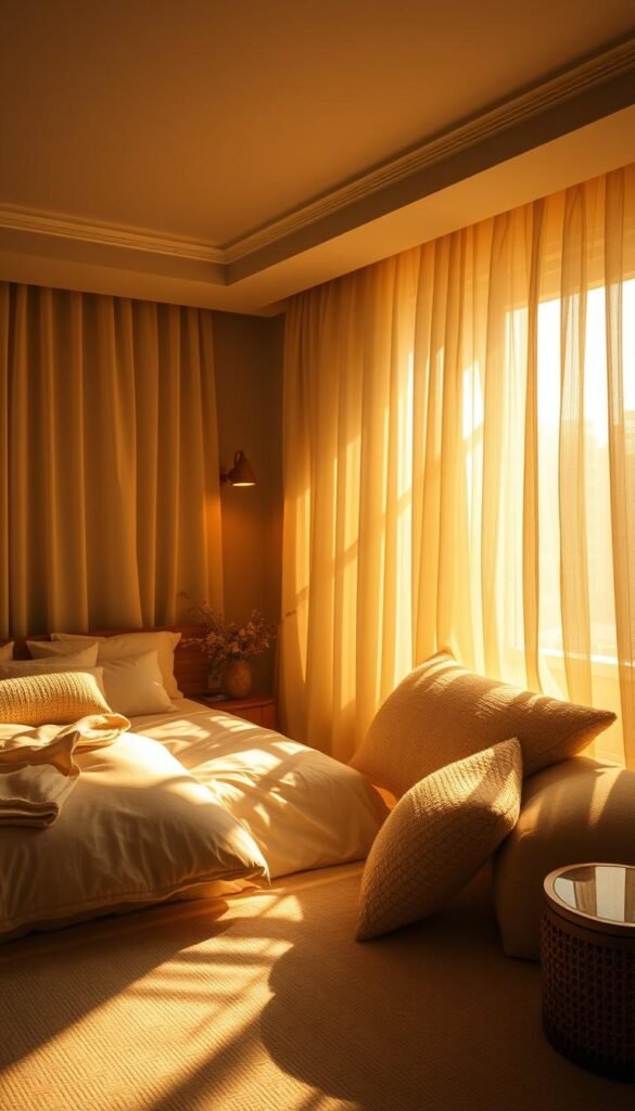 A cozy bedroom flooded with warm, golden light. The sun's rays filtering through sheer curtains, casting a soft, ambient glow. Plush bedding and textured furnishings bathed in a comforting brightness, inviting a sense of tranquility and relaxation. Carefully placed lighting fixtures, both task and ambient, seamlessly blending to create the perfect balance of illumination. Shadows dancing gently on the walls, adding depth and dimension to the space. The entire scene radiating a serene, spa-like atmosphere, perfect for unwinding and finding your sanctuary.