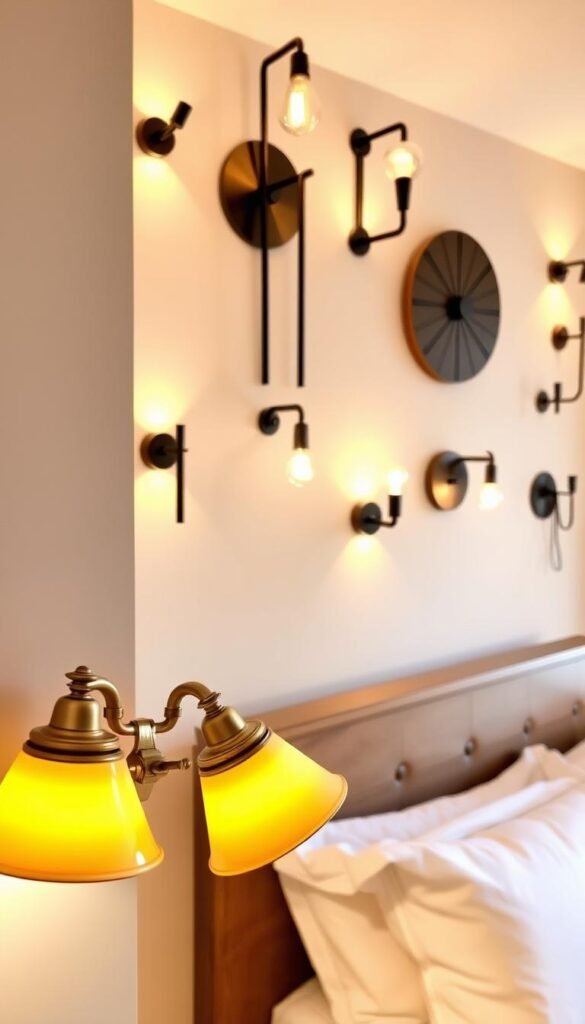 A cozy bedroom illuminated by a collection of elegant wall sconces. In the foreground, a pair of vintage-inspired brass sconces with conical shades cast a warm, ambient glow. In the middle ground, slender, minimalist wall-mounted fixtures with exposed bulbs provide a soft, diffused light. The background showcases a variety of sconce styles, from rustic farmhouse to modern industrial, all strategically placed to create a layered, visually interesting lighting scheme. The scene is bathed in a soft, inviting atmosphere, with shadows and highlights subtly accentuating the textures and architectural details of the room.