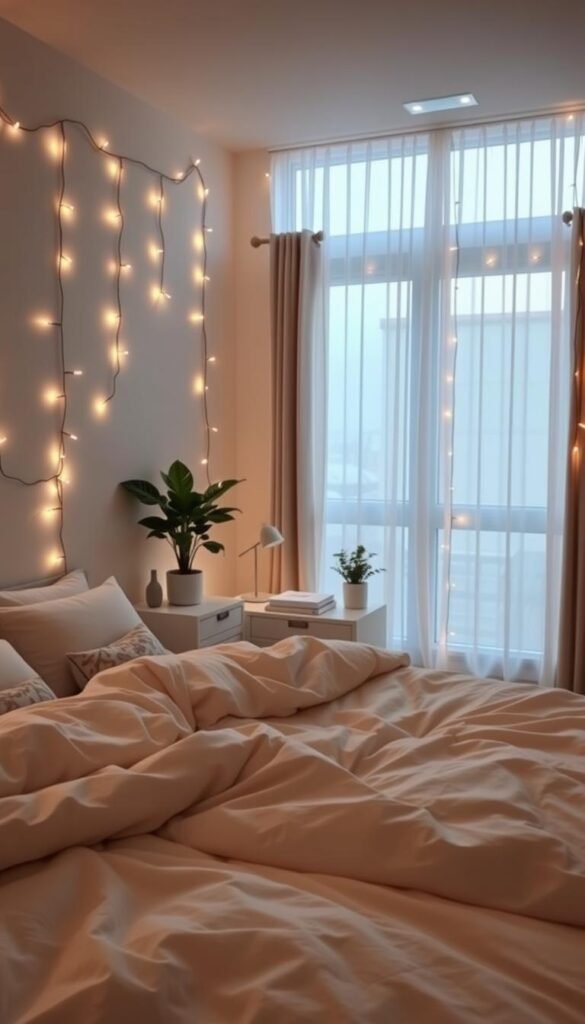 A cozy bedroom interior, the walls adorned with delicate string lights, their warm glow casting a serene ambiance. In the foreground, a plush, inviting bed draped in soft, lush bedding, accented with decorative pillows. The middle ground features a minimalist nightstand with a small lamp, books, and a houseplant, while the background showcases a large window framed by sheer curtains, allowing natural light to filter in. The overall scene exudes a sense of tranquility and comfort, perfect for unwinding and embracing the simple pleasures of a well-designed, intimate space.