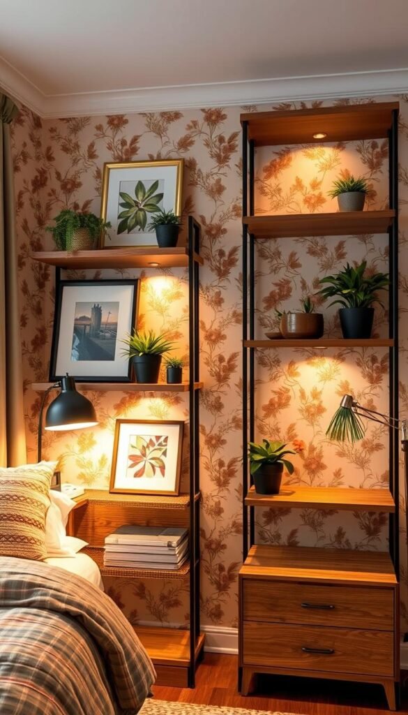 A cozy bedroom nook featuring a custom-designed wooden shelving unit with intricate hand-painted floral wallpaper backdrops. Framed artwork and potted plants adorn the shelves, creating a harmonious blend of form and function. Warm, diffused lighting from a nearby floor lamp casts a soft, inviting glow, enhancing the overall aesthetic. The composition is balanced, with the shelves positioned at an angle to draw the eye inwards. The entire scene exudes a sense of welcoming comfort and artistic flair, perfectly complementing the "Incorporating Art and Wallpaper into Shelf Design" theme.