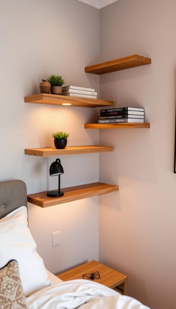 A cozy bedroom nook with natural wood shelves mounted on the wall, serving as functional nightstand alternatives. The shelves are adorned with a few decorative items, such as a small potted plant, a stylish table lamp, and a stack of hardcover books. The lighting is soft and warm, creating a inviting ambiance. The angle is slightly elevated, giving a birds-eye view of the scene. The overall mood is one of casual elegance, where form and function seamlessly blend together to create a harmonious and visually appealing space.