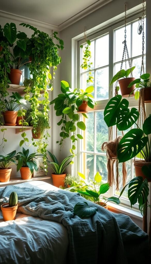 A cozy bedroom oasis, sunlight streaming through large windows, illuminating a lush array of potted indoor plants. Diverse foliage cascades from shelves and windowsills - lush green philodendrons, trailing devil's ivy, and stately monstera deliciosa. Terracotta pots and macrame plant hangers add natural textures. The scene evokes a tranquil, biophilic ambiance, bringing the outdoors in. A wide-angle lens captures the harmonious blend of greenery and soft, natural light, creating an inviting, rejuvenating atmosphere perfect for relaxation. A cozy bedroom oasis, sunlight streaming through large windows, illuminating a lush array of potted indoor plants. Diverse foliage cascades from shelves and windowsills - lush green philodendrons, trailing devil's ivy, and stately monstera deliciosa. Terracotta pots and macrame plant hangers add natural textures. The scene evokes a tranquil, biophilic ambiance, bringing the outdoors in. A wide-angle lens captures the harmonious blend of greenery and soft, natural light, creating an inviting, rejuvenating atmosphere perfect for relaxation.