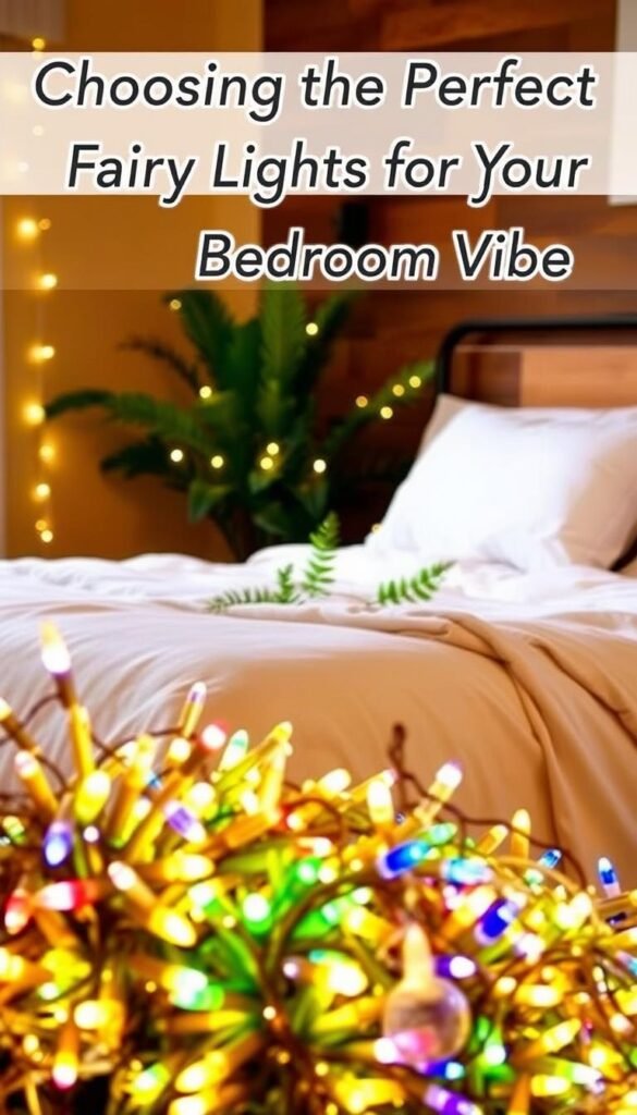 A cozy bedroom scene, lit by the soft glow of carefully selected fairy lights. In the foreground, an assortment of fairy lights in various styles and colors are displayed, inviting the viewer to imagine the perfect combination to create a magical ambiance. The middle ground features a neatly made bed with plush bedding, surrounded by lush, verdant plants that add a touch of natural elegance. The background showcases a warm, inviting wall color, complemented by wooden accents that exude a sense of rustic charm. The overall scene radiates a sense of tranquility and comfort, perfectly capturing the essence of "Choosing the Perfect Fairy Lights for Your Bedroom Vibe."
