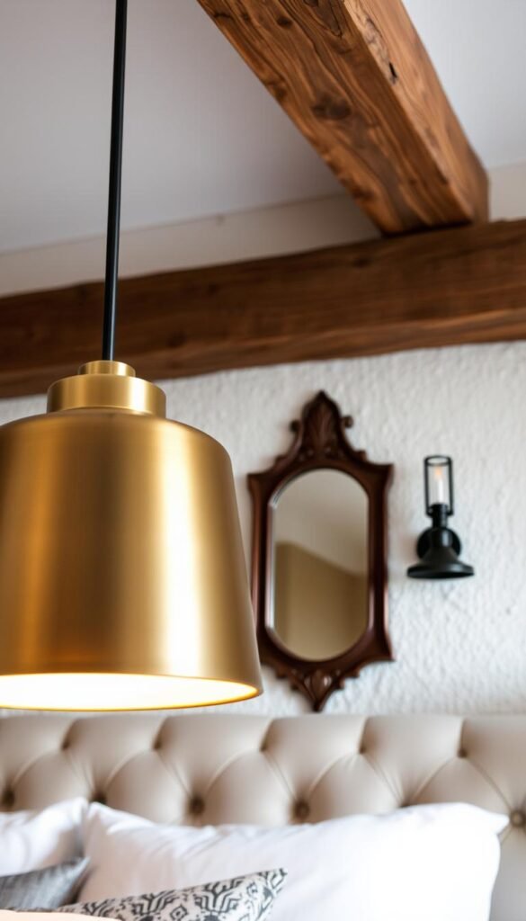 A cozy bedroom scene, showcasing a variety of stylish lighting fixture finishes. In the foreground, a sleek, modern brushed brass pendant light casts a warm glow over a plush, tufted headboard. In the middle ground, a pair of matte black sconces flank a vintage-inspired mirror, adding depth and dimension. The background features a mix of textures, with a rustic wooden ceiling beam and a textured, whitewashed wall, creating a serene and inviting atmosphere. The lighting is soft and diffused, emphasizing the rich tones and materials of the fixtures. The angle is slightly elevated, offering a balanced and visually appealing composition.