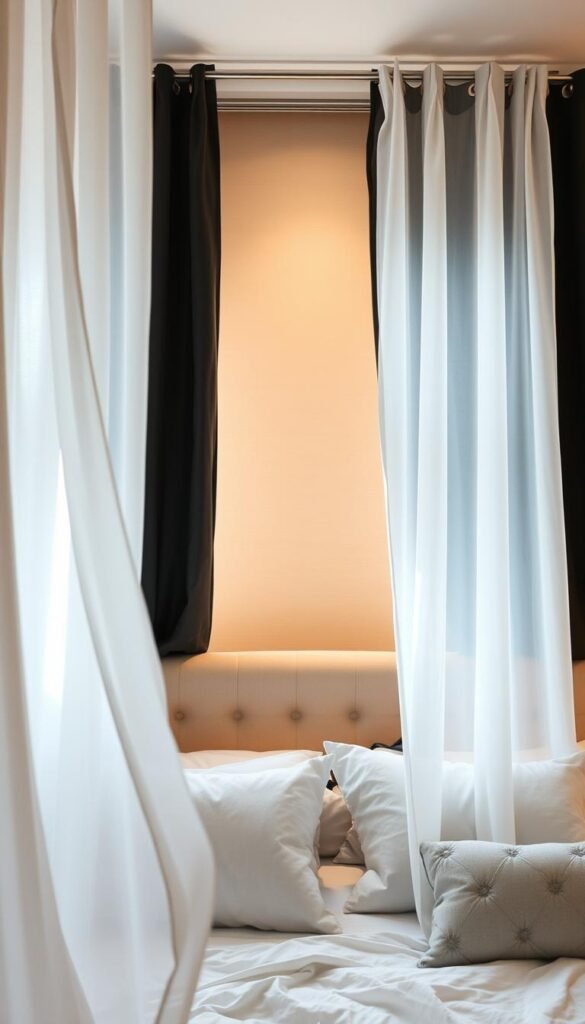 A cozy bedroom scene with layered curtains. In the foreground, sheer white curtains gently billowing, casting a soft, diffused light. Behind them, blackout curtains in a deep, rich charcoal hue, providing complete privacy and light control. The middle ground features a plush, tufted headboard in a neutral tone, complementing the warm, inviting atmosphere. The background showcases a subtle, warm-toned wall texture, creating depth and dimension. The lighting is a combination of natural daylight filtering through the sheer curtains and subtle, ambient lighting, evoking a serene and tranquil mood. The camera angle is positioned at a mid-level, capturing the elegant layering of the curtains and the inviting bed, resulting in a beautifully composed and harmonious scene.