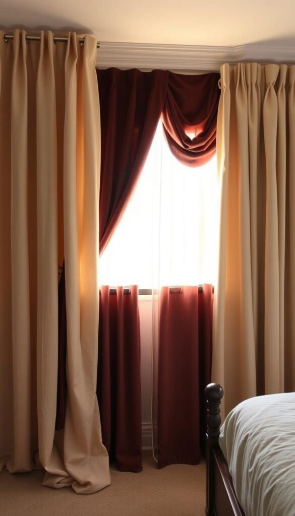 A cozy bedroom set adorned with an array of matching curtain styles, each complementing the room's unique personality. In the foreground, sheer linen curtains cascade elegantly, their soft folds capturing the warm glow of natural light. In the middle ground, plush velvet panels in a rich, jewel-toned hue add a touch of luxurious sophistication. The background showcases crisp, tailored draperies in a subtle pattern, effortlessly blending with the room's color scheme. The overall scene exudes a harmonious balance, where the curtains seamlessly integrate with the bedroom's decor, creating a tranquil and inviting ambiance.