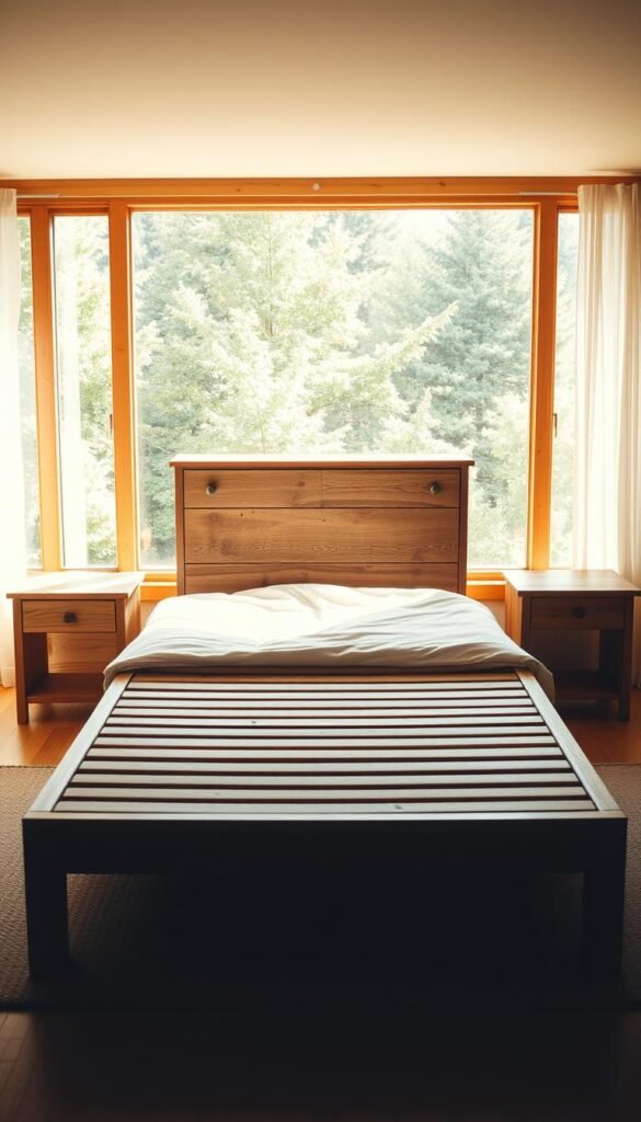 A cozy bedroom setting bathed in warm, natural light. In the foreground, a solid wood bed frame with a low profile and clean, minimalist lines. Flanking the bed, a pair of matching wood nightstands with simple hardware. In the middle ground, a rustic wood dresser with a weathered, distressed finish. The background showcases a large window that looks out onto a lush, green forest landscape, casting a soft, diffused glow throughout the space. The overall atmosphere is one of tranquility, with an earthy, grounded feel that seamlessly blends the indoors and outdoors.