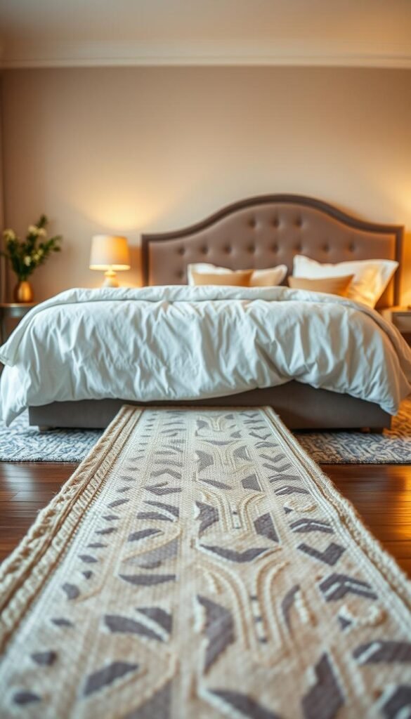 A cozy bedroom setting with a plush, high-quality bed and a beautifully crafted foot runner placed at the end. The runner should be made of natural fibers like wool or jute, with a subtle, elegant pattern that complements the room's decor. The lighting should be warm and inviting, creating a soft, ambient glow that accentuates the textures and colors of the runner and the surrounding furnishings. The camera angle should be slightly elevated, capturing the runner in the foreground with the bed and other bedroom elements in the background, creating a harmonious and visually appealing composition.