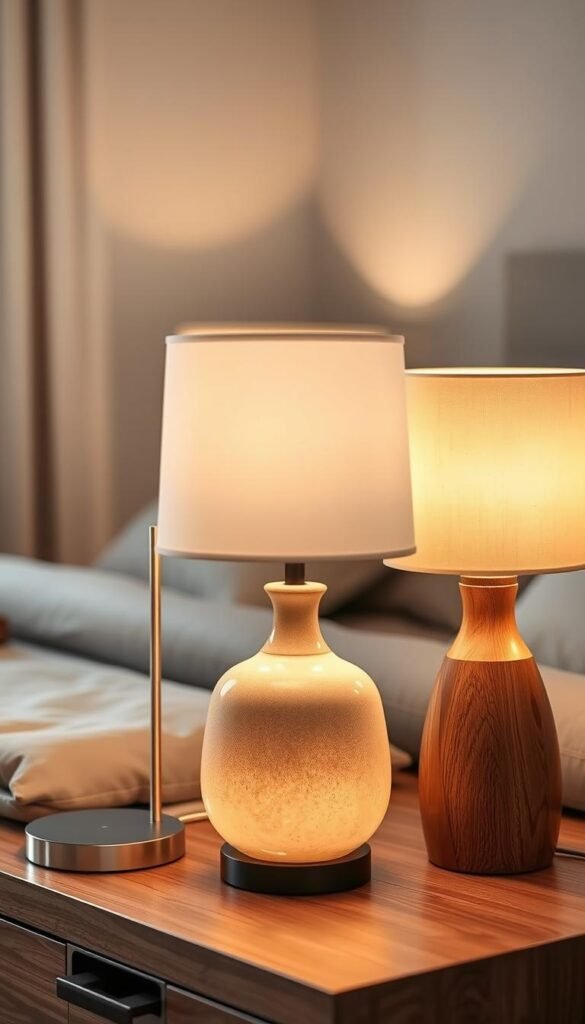 A cozy bedroom setting with a selection of stylish table lamps as the focal point. In the foreground, three elegant lamps with different designs and finishes - a modern minimalist lamp with a sleek metal base, a classic ceramic lamp with a warm, textured glaze, and a rustic wooden lamp with a soft, ambient glow. The lamps are positioned on a wooden side table, casting a gentle, inviting light that illuminates the serene, neutral-toned bedroom scene. The background is slightly blurred, creating a sense of depth and emphasizing the lamps as the main subject. The overall mood is one of tranquility and sophisticated style, reflecting the versatility of table lamps as ambient lighting solutions for the bedroom.