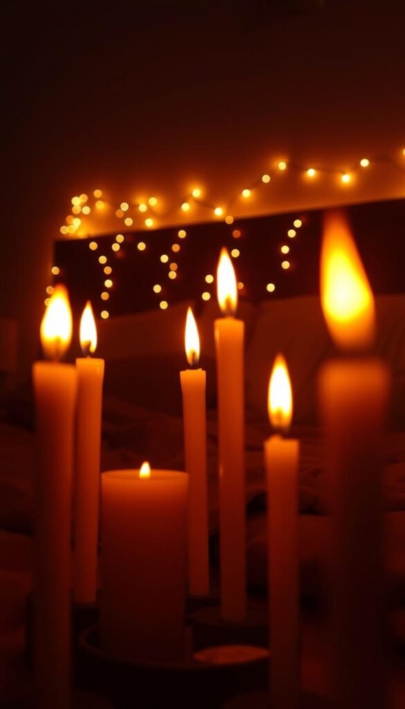 A cozy bedroom setting with soft, warm lighting from an arrangement of candles and fairy lights. The camera is positioned low, capturing an intimate and inviting perspective. In the foreground, a mix of tall, flickering candles cast a gentle glow, their flames dancing and casting shadows on the surrounding surfaces. In the middle ground, strands of fairy lights are draped across the headboard, their tiny bulbs twinkling like stars against the dim backdrop. The overall mood is one of tranquility and relaxation, creating an atmosphere perfect for winding down and enjoying a peaceful moment.