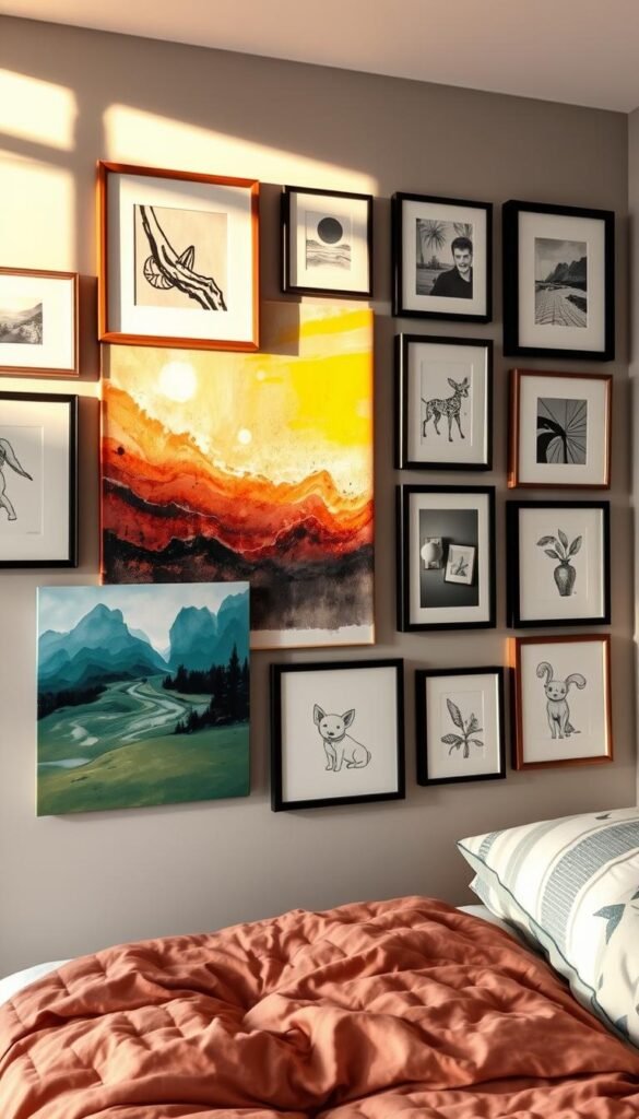 A cozy bedroom wall adorned with a carefully curated selection of personalized artwork, each piece reflecting the unique personality and interests of the homeowner. The wall is bathed in warm, natural lighting, casting a soft, inviting glow over the eclectic mix of framed paintings, sketches, and photography. In the foreground, a large abstract canvas in vibrant hues takes center stage, complemented by a series of black-and-white minimalist prints arranged in a harmonious grid. In the middle ground, a vintage-inspired landscape painting adds a touch of nostalgia, while a whimsical, hand-drawn illustration of a beloved pet playfully rounds out the collection. The overall impression is one of a space that has been thoughtfully and lovingly cultivated, capturing the essence of the homeowner's individual style and personal narrative.