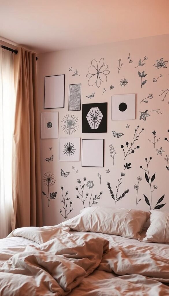 A cozy bedroom wall, filled with a harmonious mix of minimalist line art decals, abstract geometric patterns, and delicate floral designs. The decals are layered and overlapping, creating a visually striking yet cohesive aesthetic. Soft, diffused lighting from a nearby window casts a warm glow, accentuating the depth and texture of the various design elements. The overall mood is serene, calming, and effortlessly stylish, perfectly capturing the essence of a bedroom aesthetic that blends different wall decal designs seamlessly. A cozy bedroom wall, filled with a harmonious mix of minimalist line art decals, abstract geometric patterns, and delicate floral designs. The decals are layered and overlapping, creating a visually striking yet cohesive aesthetic. Soft, diffused lighting from a nearby window casts a warm glow, accentuating the depth and texture of the various design elements. The overall mood is serene, calming, and effortlessly stylish, perfectly capturing the essence of a bedroom aesthetic that blends different wall decal designs seamlessly.