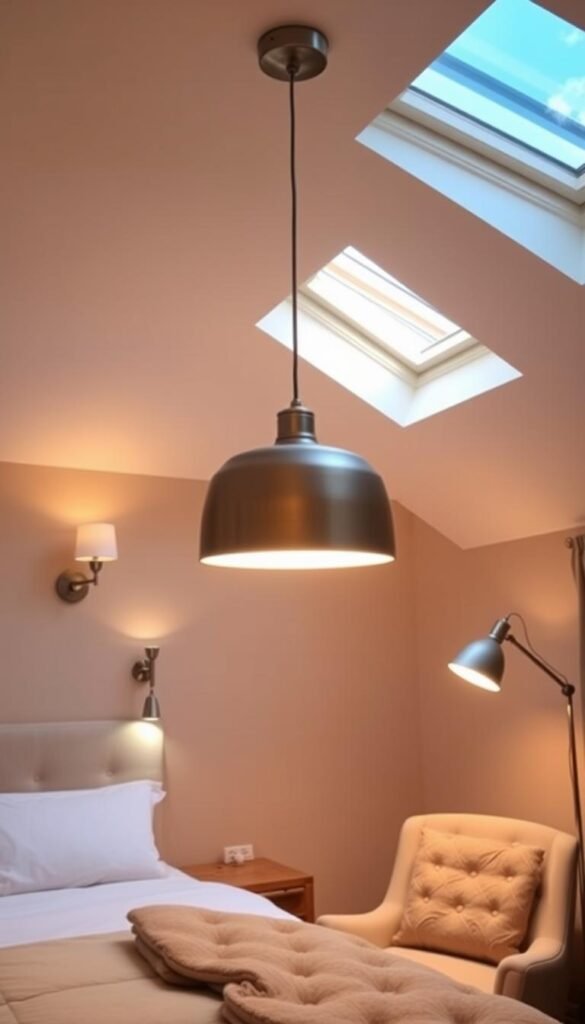 A cozy bedroom with a carefully curated selection of lighting fixtures. Warm, ambient light emanates from a central pendant lamp with a brushed metal finish, casting a soft glow across the room. Flanking the bed, two elegant wall sconces with crisp white shades provide task lighting. In the corner, a modern floor lamp with an adjustable head illuminates a plush reading chair. Skylights allow natural daylight to filter in, complementing the artificial lighting. The overall lighting design creates a harmonious, inviting atmosphere perfect for relaxation.