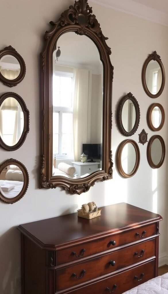 A cozy bedroom with a harmonious arrangement of mirrors, each reflecting the elegant decor and soft lighting. The focal point is a large, ornate mirror mounted above a wooden dresser, its intricate frame complementing the room's rustic charm. Smaller mirrors, strategically placed on the walls, create an illusion of depth and amplify the natural sunlight streaming through the windows. The overall aesthetic is a seamless blend of traditional and modern elements, resulting in a visually appealing and cohesive space.