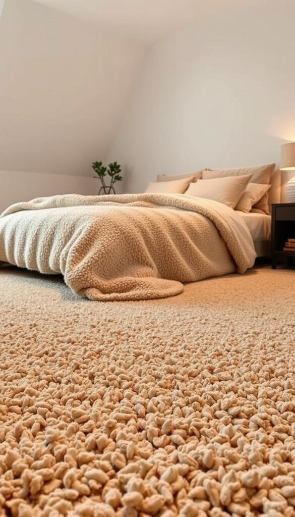 A cozy bedroom with a lush, plush carpet in a warm neutral tone. The carpet fills the frame, inviting you to sink your toes into its soft, comforting fibers. Gentle, diffused lighting illuminates the space, creating a serene and relaxing atmosphere. The bed is draped in plush, textured bedding, beckoning you to nestle in and experience the ultimate in comfort and relaxation. The room's neutral color palette and natural textures exude a sense of tranquility and harmony, enveloping you in a cocoon of warmth and contentment.