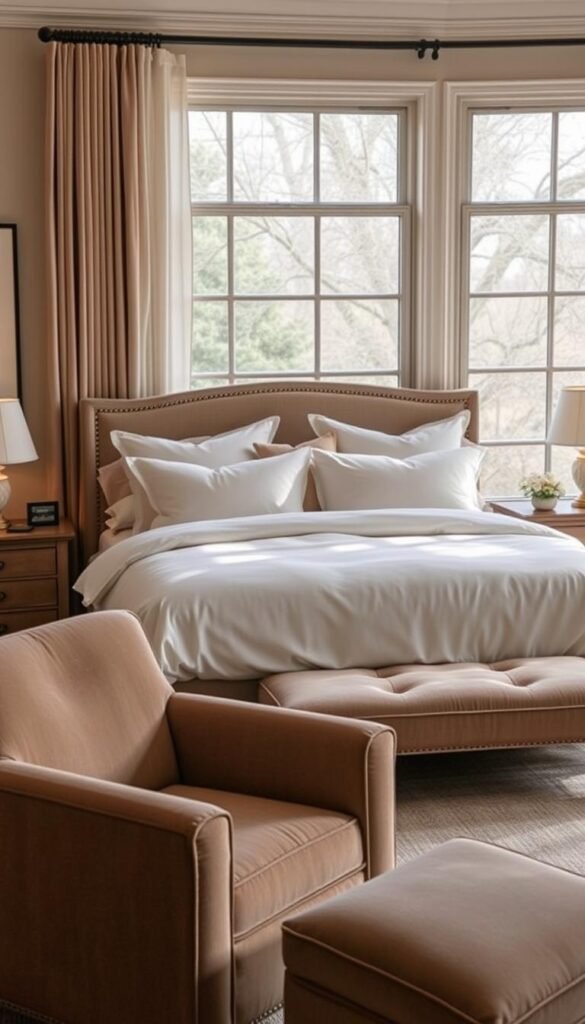 A cozy bedroom with a plush king-size bed, draped in soft, ivory linens and adorned with oversized, fluffy pillows. In the foreground, a pair of charming nightstands flank the bed, each featuring a small table lamp with a warm, ambient glow. The middle ground showcases a comfortable armchair and ottoman set, upholstered in a muted, earthy tone, inviting relaxation. The background highlights a large window, allowing natural light to pour in, creating a serene and tranquil atmosphere. The overall scene exudes a sense of comforting elegance, perfectly capturing the essence of a comfortable bedroom aesthetic. A cozy bedroom with a plush king-size bed, draped in soft, ivory linens and adorned with oversized, fluffy pillows. In the foreground, a pair of charming nightstands flank the bed, each featuring a small table lamp with a warm, ambient glow. The middle ground showcases a comfortable armchair and ottoman set, upholstered in a muted, earthy tone, inviting relaxation. The background highlights a large window, allowing natural light to pour in, creating a serene and tranquil atmosphere. The overall scene exudes a sense of comforting elegance, perfectly capturing the essence of a comfortable bedroom aesthetic.