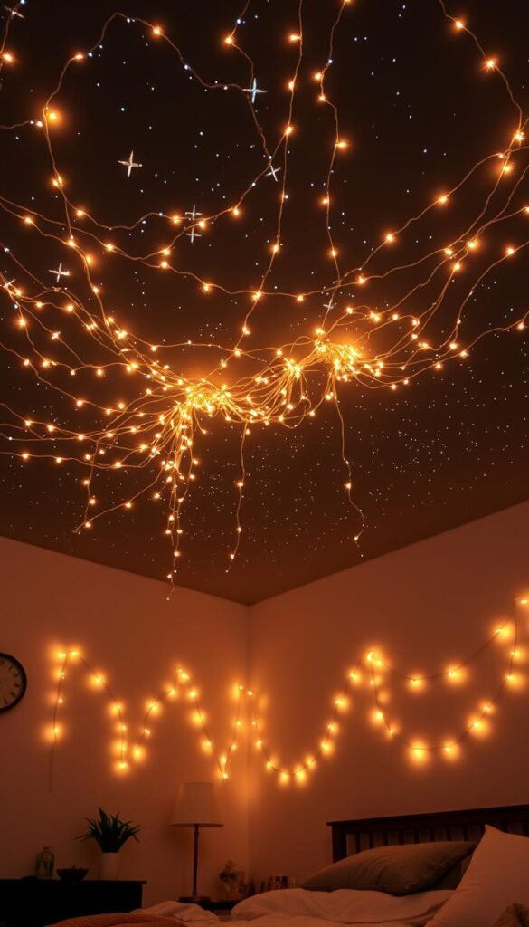 A cozy bedroom with a starry night ceiling, illuminated by a web of fairy lights softly glowing overhead. The lights are strung in delicate, cascading patterns, creating a mesmerizing, atmospheric effect. The lighting is warm and ambient, casting a gentle, ethereal glow that bathes the room in a dreamlike ambiance. The lights are suspended from the ceiling in an elegant, organic arrangement, mimicking the twinkling of stars in the night sky. The overall scene evokes a sense of wonder and tranquility, inviting the viewer to gaze upwards and lose themselves in the celestial display.