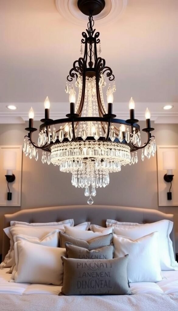 A cozy bedroom with a stunning chandelier at the center, illuminating the space with a warm, inviting glow. The chandelier, made of elegant wrought iron, features a tiered design with cascading crystal droplets that catch the light and cast a mesmerizing reflection on the walls. The bedroom is adorned with plush bedding, soft textures, and muted color tones, creating a serene and relaxing ambiance. The lighting is carefully balanced, with the chandelier as the focal point, complemented by subtle wall sconces and recessed lighting. The overall scene conveys a sense of refined sophistication and attention to detail, perfectly capturing the essence of choosing the perfect chandelier for a bedroom.