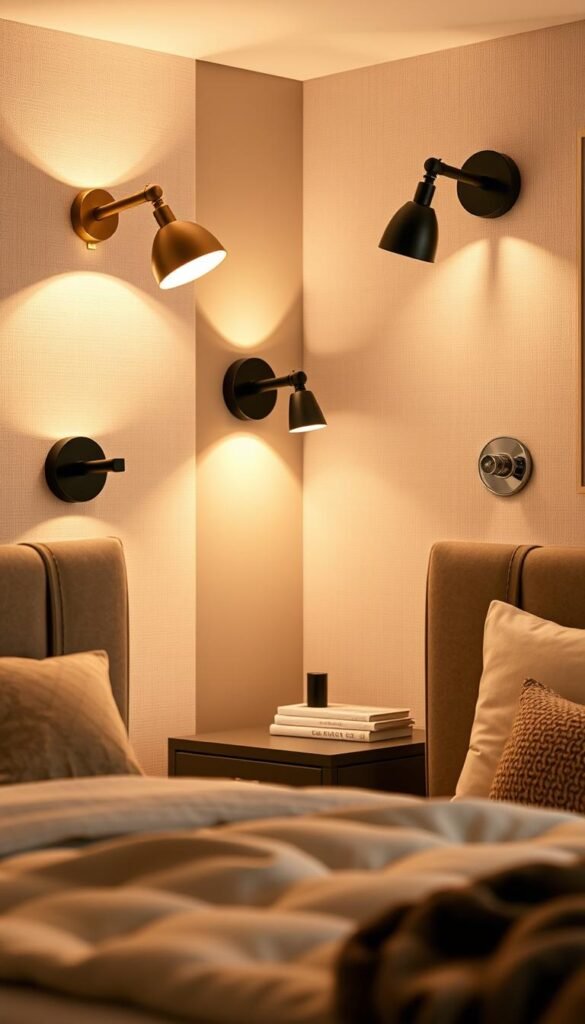 A cozy bedroom with a warm, inviting ambiance. Sleek, modern wall lights in a variety of affordable finishes - brushed brass, matte black, and polished chrome - mounted at different heights to create a visually interesting display. The lighting casts a soft, even glow, illuminating the space without overwhelming it. The fixtures feature simple, minimalist designs that blend seamlessly with the room's decor. In the background, a mix of textures and materials, from the textured wall paneling to the plush area rug, add depth and visual interest. An overall sense of style and sophistication, achieved without breaking the bank. A cozy bedroom with a warm, inviting ambiance. Sleek, modern wall lights in a variety of affordable finishes - brushed brass, matte black, and polished chrome - mounted at different heights to create a visually interesting display. The lighting casts a soft, even glow, illuminating the space without overwhelming it. The fixtures feature simple, minimalist designs that blend seamlessly with the room's decor. In the background, a mix of textures and materials, from the textured wall paneling to the plush area rug, add depth and visual interest. An overall sense of style and sophistication, achieved without breaking the bank.
