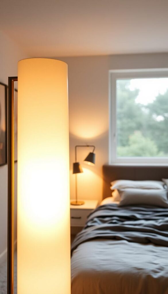 A cozy bedroom with a well-designed floor lamp layout. In the foreground, a modern, sleek floor lamp with a warm, diffused glow illuminates the space, casting a soft, inviting ambiance. In the middle ground, additional floor lamps flank the bed, providing balanced, task-oriented lighting. The lamps feature minimalist silhouettes and metallic finishes that complement the room's decor. In the background, a large window allows natural light to filter in, creating a harmonious blend of artificial and natural illumination. The overall scene exudes a sense of comfort and sophistication, perfectly suited for a stylish and relaxing bedroom retreat.