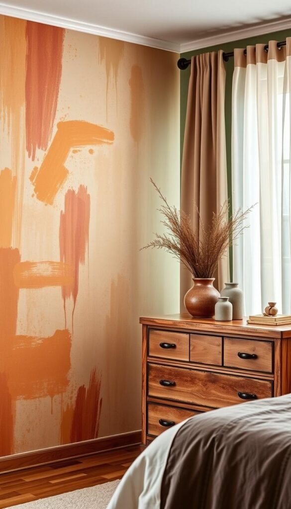 A cozy bedroom with an accent wall showcasing a harmonious blend of paint colors and patterns. The foreground features a vibrant, abstract wallpaper design in earthy tones, complemented by textured brushstrokes in shades of ochre, terracotta, and sage green. In the middle ground, a rustic wooden dresser stands, its surface adorned with carefully curated decorative elements that echo the color palette. The background displays soft, diffused lighting filtering through sheer curtains, creating a warm, inviting atmosphere. The overall composition exudes a sense of balance, creativity, and a touch of eclectic charm, perfect for inspiring a stylish and personalized bedroom aesthetic.
