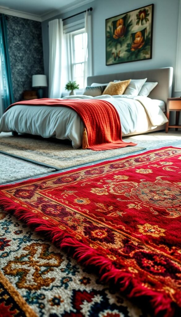 A cozy bedroom with an array of colorful rugs showcasing diverse hues and patterns. In the foreground, a plush, vibrant rug in shades of crimson and gold commands attention, its intricate design creating a warm, luxurious ambiance. In the middle ground, a muted, textured rug in earthy tones of sage and beige grounds the space, complementing the soft, neutral bedding. In the background, a patterned rug in cool blues and grays adds depth and visual interest, balancing the overall color palette. Soft, natural lighting filters through the windows, casting a gentle glow and highlighting the varied textures and tones of the bedroom rugs. A cozy bedroom with an array of colorful rugs showcasing diverse hues and patterns. In the foreground, a plush, vibrant rug in shades of crimson and gold commands attention, its intricate design creating a warm, luxurious ambiance. In the middle ground, a muted, textured rug in earthy tones of sage and beige grounds the space, complementing the soft, neutral bedding. In the background, a patterned rug in cool blues and grays adds depth and visual interest, balancing the overall color palette. Soft, natural lighting filters through the windows, casting a gentle glow and highlighting the varied textures and tones of the bedroom rugs.