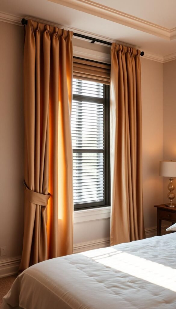 A cozy bedroom with an elegant window setting, capturing the essence of light control. A central focus on the window, featuring luxurious, softly-draped curtains in a warm, neutral color palette, cascading gracefully to the floor. The curtains are complemented by discreet, modern blinds that allow for precise light adjustment, creating a harmonious balance between natural illumination and privacy. The overall scene exudes a sense of tranquility and inviting ambiance, perfect for a relaxing and restful atmosphere. A cozy bedroom with an elegant window setting, capturing the essence of light control. A central focus on the window, featuring luxurious, softly-draped curtains in a warm, neutral color palette, cascading gracefully to the floor. The curtains are complemented by discreet, modern blinds that allow for precise light adjustment, creating a harmonious balance between natural illumination and privacy. The overall scene exudes a sense of tranquility and inviting ambiance, perfect for a relaxing and restful atmosphere.