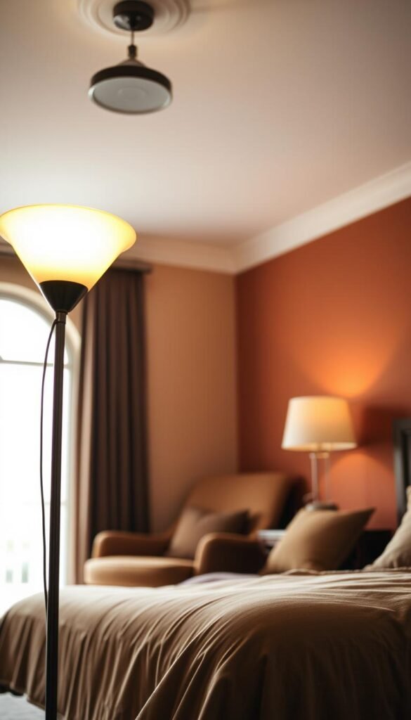 A cozy bedroom with an inviting atmosphere, the walls adorned with warm, muted tones. In the foreground, a stylish floor lamp casts a soft, ambient glow, drawing the eye away from the harsh overhead lighting. The lamp's modern design features a sleek, minimalist base and an elegant, flared shade, casting a gentle, soothing light across the space. In the middle ground, a plush, oversized armchair beckons for a cozy reading session, its rich upholstery complementing the room's overall aesthetic. The background showcases a large, arched window, allowing natural light to filter in and create a sense of balance between the artificial and natural illumination. The entire scene evokes a sense of tranquility and intimacy, highlighting the benefits of incorporating alternative lighting solutions beyond the traditional overhead fixture.