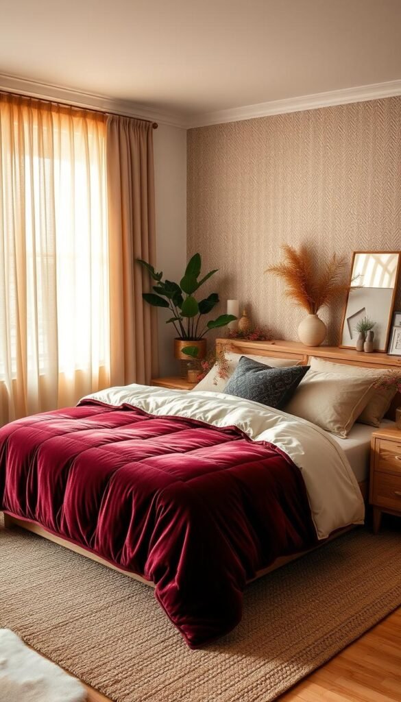 A cozy bedroom with layered textiles exuding a sense of comfort and luxury. In the foreground, a plush velvet quilt in a deep burgundy hue adorns a king-sized bed, accented by decorative throw pillows in a variety of textures and patterns. The middle ground showcases a richly woven area rug in earthy tones, complementing the natural wood tones of the bedside tables and dresser. Soft, sheer curtains in a shimmering champagne color filter the warm, diffused lighting, creating a serene, intimate atmosphere. In the background, a textured wallcovering in a subtle herringbone pattern adds depth and visual interest, while a curated collection of plants and art pieces complete the harmonious, inviting scene.