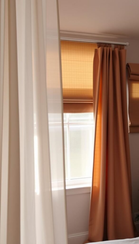 A cozy bedroom with layered window treatments, flooded with soft, natural light. In the foreground, sheer curtains in a delicate floral pattern gently billow, casting a dreamy, diffused glow. The middle layer features elegant, floor-to-ceiling drapes in a rich, earthy tone, providing privacy and warmth. In the background, a subtle roman shade in a neutral hue adds depth and texture, complementing the overall aesthetic. The lighting is soft and diffused, creating a serene and inviting atmosphere. The camera angle is slightly elevated, capturing the layers of the treatments in a balanced, visually pleasing composition.