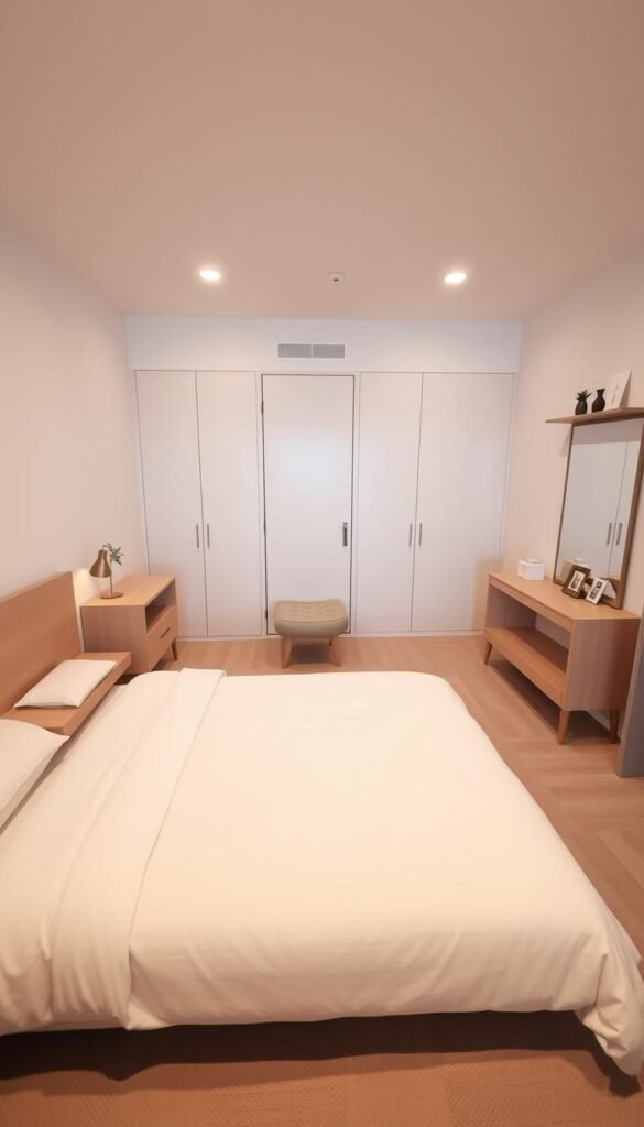 A cozy bedroom with minimalist furniture arrangements, soft lighting, and clever storage solutions that create the illusion of a larger space. In the foreground, a low-profile bed with floating nightstands and a compact desk tucked into a corner. The middle ground features a freestanding wardrobe and a small, multifunctional ottoman. The background showcases a full-length mirror and a delicate wall-mounted shelf displaying decorative accents. The overall mood is serene and spacious, achieved through the strategic placement of furnishings, the use of light tones, and the incorporation of reflective surfaces.