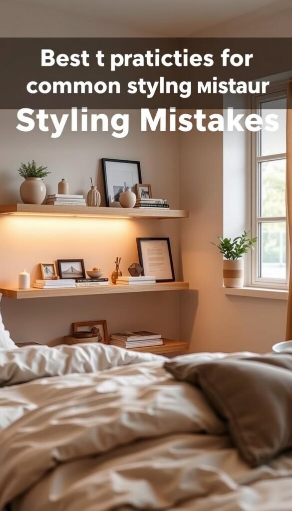 A cozy bedroom with neatly styled shelves, highlighting best practices for avoiding common styling mistakes. The shelves display a balanced arrangement of decorative items, books, and personal accents, illuminated by warm, diffused lighting from a large window in the background. The shelves are made of a natural wood material, complementing the neutral color palette of the room. The camera angle captures a close-up view, emphasizing the thoughtful curation and attention to detail in the shelf styling.