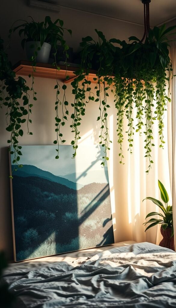 A cozy bedroom with verdant, trailing plants cascading from floating shelves, casting soft, dappled light. In the foreground, a large canvas depicts an abstract, moody landscape in deep blues and greens, creating a captivating focal point. The overall atmosphere is one of tranquil contrast, where the organic, living elements harmonize with the artistic, static elements to form a serene, meditative space. Warm, diffused lighting filters through sheer curtains, imbuing the scene with a sense of intimate, inviting ambiance. The camera angle is slightly elevated, allowing the viewer to take in the entirety of this thoughtfully curated, plant-infused sanctuary.
