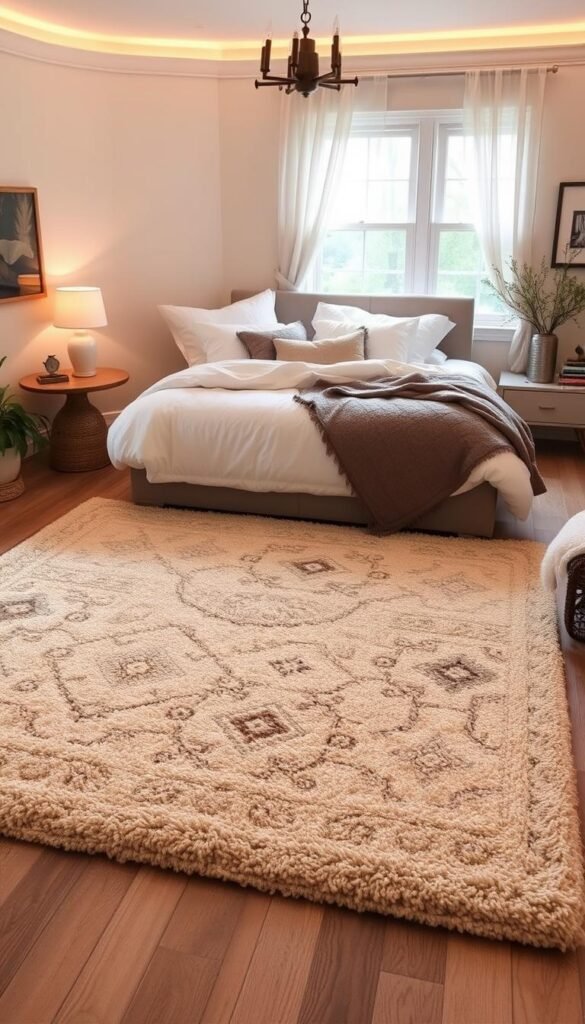 A cozy bedroom with warm lighting, showcasing a large, plush rug that perfectly fits the space. The rug's pattern blends seamlessly with the soft, neutral-toned bedding and textiles, creating a harmonious and inviting atmosphere. The room's layout is balanced, with the rug's dimensions strategically chosen to anchor the space, leaving adequate walkways on all sides. The overall scene exudes a sense of comfort and relaxation, highlighting the importance of selecting the right rug size to enhance the bedroom's aesthetic and functionality. A cozy bedroom with warm lighting, showcasing a large, plush rug that perfectly fits the space. The rug's pattern blends seamlessly with the soft, neutral-toned bedding and textiles, creating a harmonious and inviting atmosphere. The room's layout is balanced, with the rug's dimensions strategically chosen to anchor the space, leaving adequate walkways on all sides. The overall scene exudes a sense of comfort and relaxation, highlighting the importance of selecting the right rug size to enhance the bedroom's aesthetic and functionality.