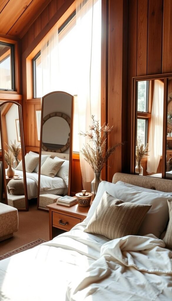 A cozy bedroom with warm, natural lighting filtering in through large windows, accentuated by strategically placed mirrors that reflect and amplify the illumination. The mirrors are positioned to maximize the flow of light, creating a bright, airy atmosphere. The room is furnished with plush bedding, wooden accents, and soft, textured fabrics that contribute to the overall serene and inviting ambiance. The mirrors seamlessly blend with the decor, enhancing the natural and artificial lighting sources to create a harmonious, visually appealing space.